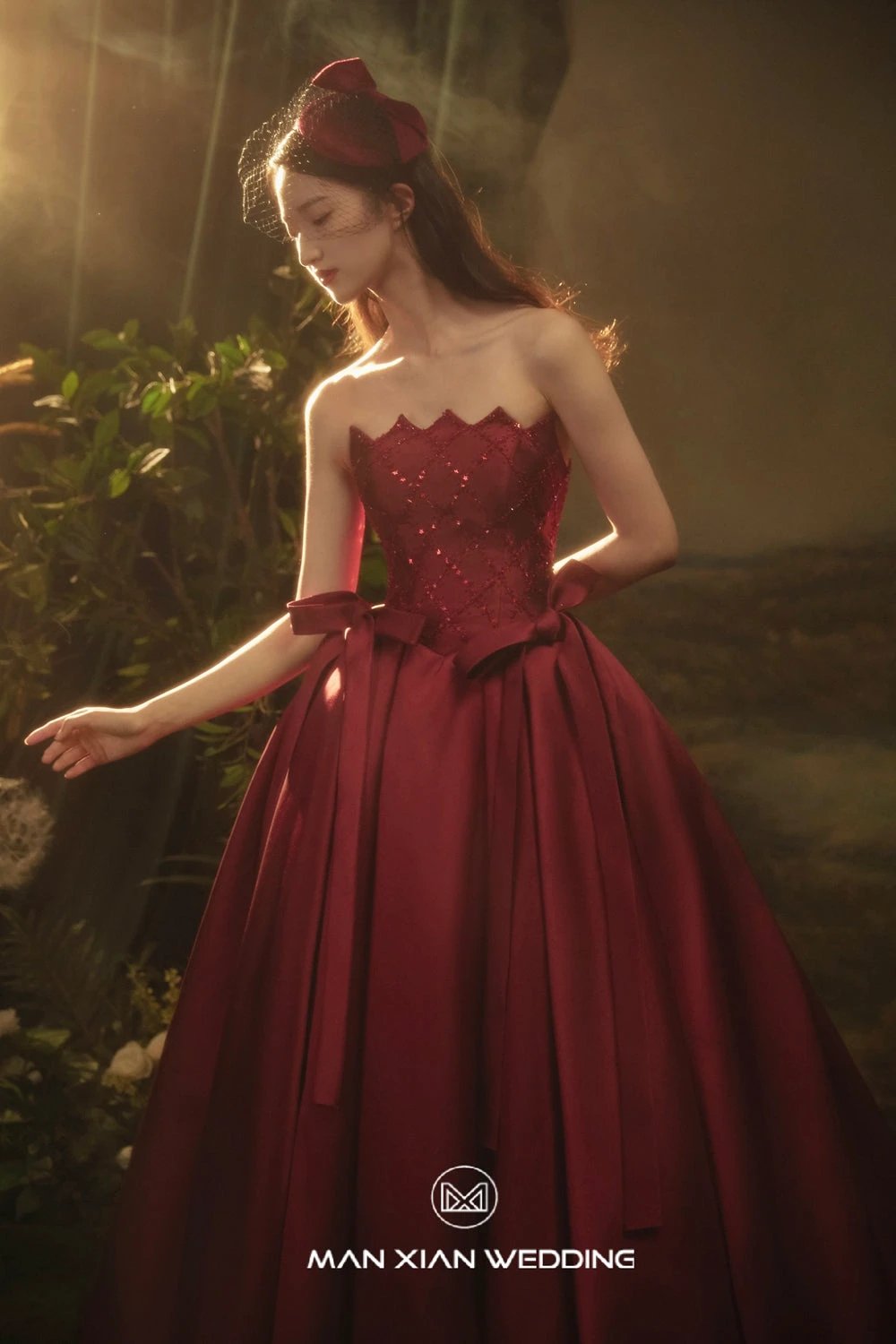 Opulent Burgundy Strapless Satin Ball Gown with Puff Sleeves & Sequin Bodice by ZAPDRESS