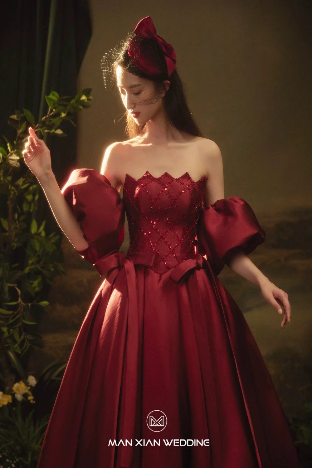 Opulent Burgundy Strapless Satin Ball Gown with Puff Sleeves & Sequin Bodice by ZAPDRESS