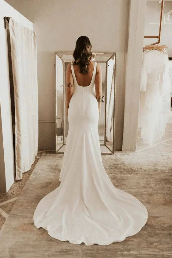 Simple Sheath Square Neck Long Backless Wedding Dress WD599 by pgmdress