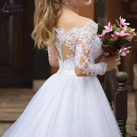 #002 2025 Sexy Off Shoulder Wedding Dresses Appliques Long Sleeve Bridal Gowns Vintage Vestidos De Noiva Mariage Plus Size Custom De