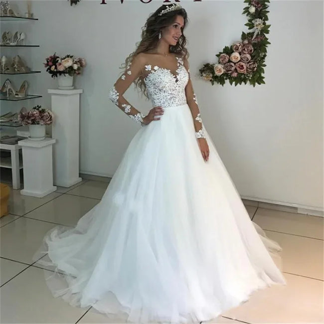 #003 2025 Illusion Scoop Long Sleeve Wedding Dresses Lace Appliques Sheer Back White/ Ivory Tulle Wedding Dress Lace Wedding Gowns Hover Image