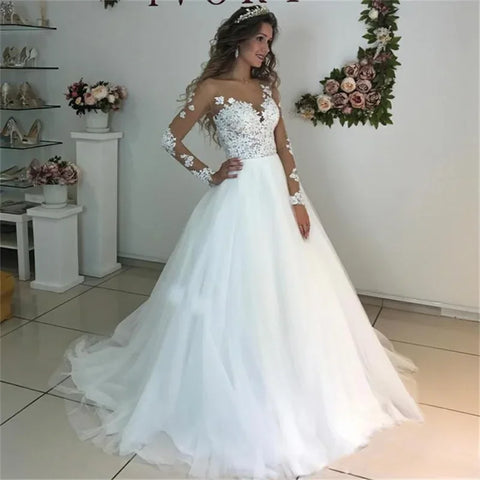 #003 2025 Illusion Scoop Long Sleeve Wedding Dresses Lace Appliques Sheer Back White/ Ivory Tulle Wedding Dress Lace Wedding Gowns