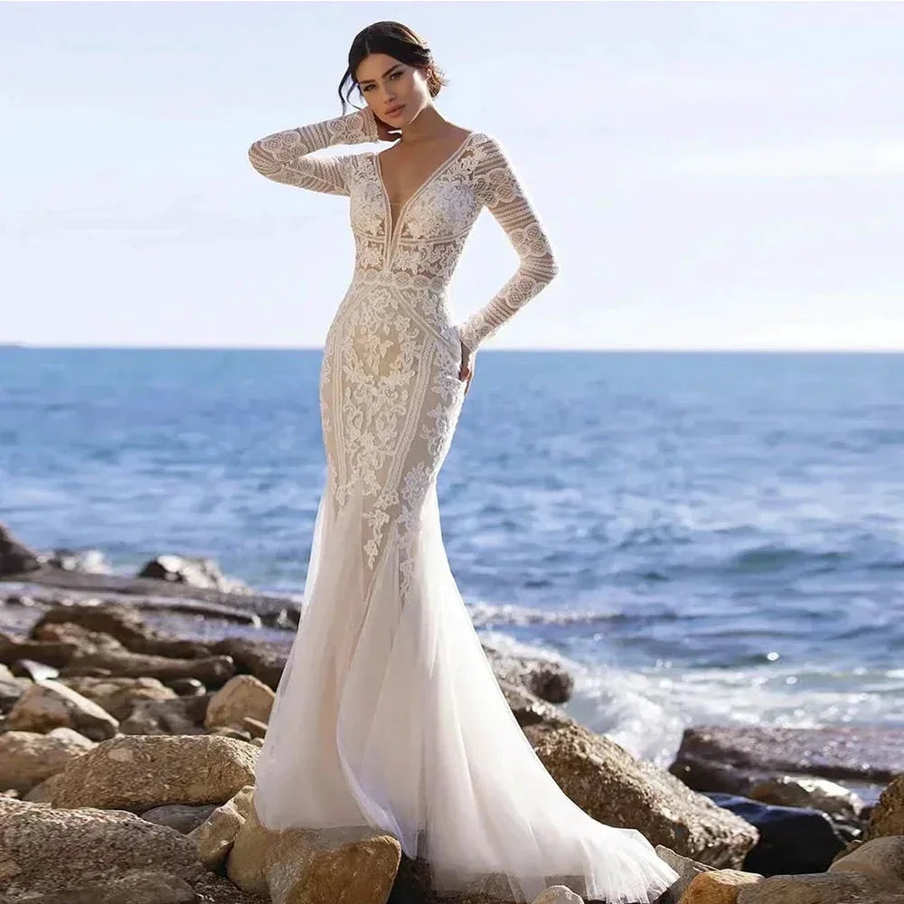 Mermaid Bride Gowns Long Sleeve V-Neck Lace Appliques Sexy Open Back Tulle Wedding Dresses Sweep Train Vestidos De Noive by payinti