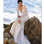 Mermaid Bride Gowns Long Sleeve V-Neck Lace Appliques Sexy Open Back Tulle Wedding Dresses Sweep Train Vestidos De Noive by payinti