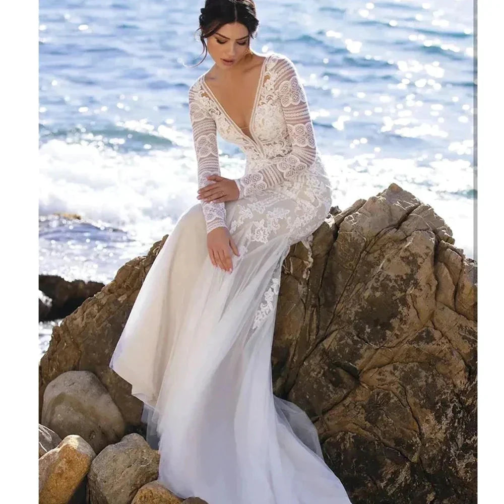 Mermaid Bride Gowns Long Sleeve V-Neck Lace Appliques Sexy Open Back Tulle Wedding Dresses Sweep Train Vestidos De Noive by payinti