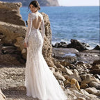 Mermaid Bride Gowns Long Sleeve V-Neck Lace Appliques Sexy Open Back Tulle Wedding Dresses Sweep Train Vestidos De Noive by payinti