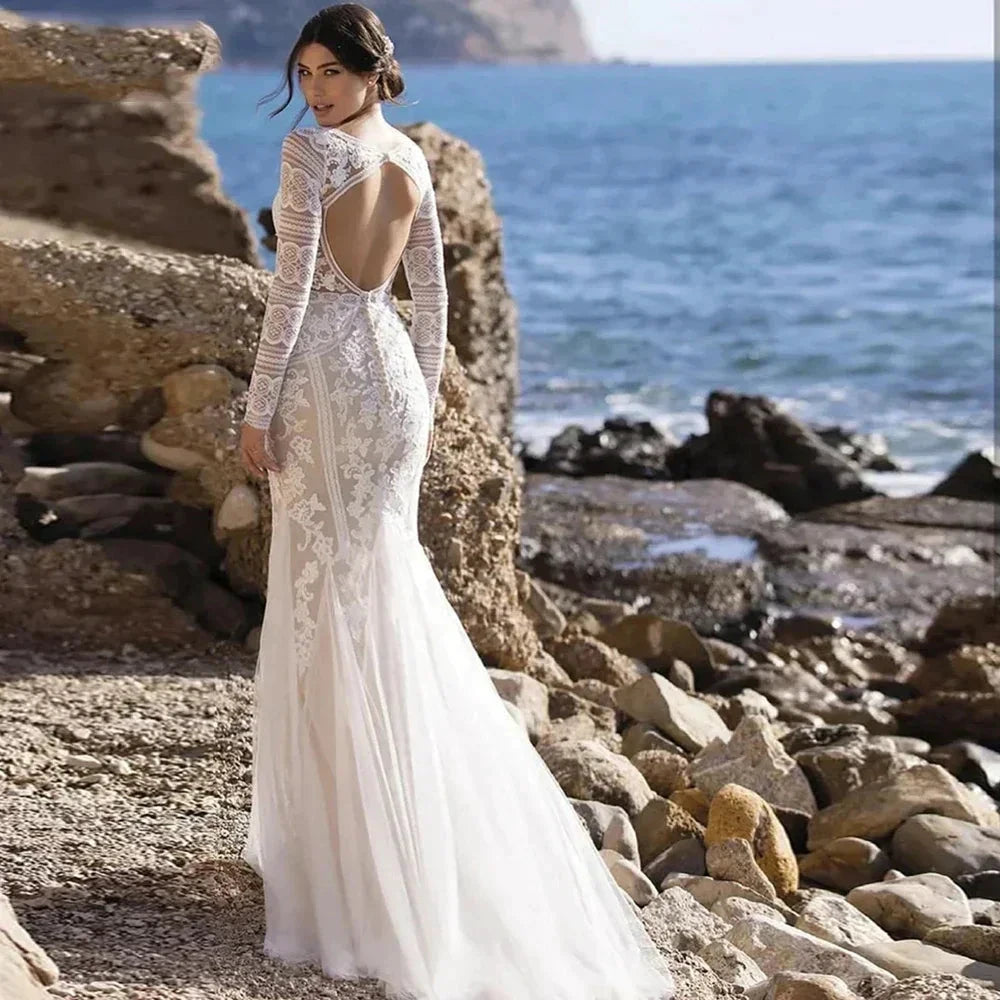 Mermaid Bride Gowns Long Sleeve V-Neck Lace Appliques Sexy Open Back Tulle Wedding Dresses Sweep Train Vestidos De Noive by payinti