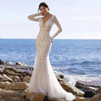 Mermaid Bride Gowns Long Sleeve V-Neck Lace Appliques Sexy Open Back Tulle Wedding Dresses Sweep Train Vestidos De Noive by payinti