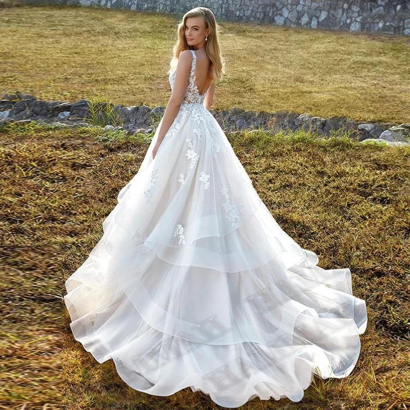 Modest Brush Train Wedding Dresses Brides Gown Tiered Appliques Backless Sposa Vestidos Bridal Party Suit Robe De Mariée by payinti