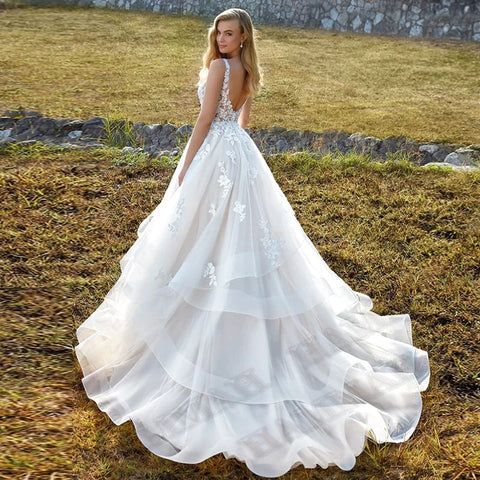Modest Brush Train Wedding Dresses Brides Gown Tiered Appliques Backless Sposa Vestidos Bridal Party Suit Robe De Mariée