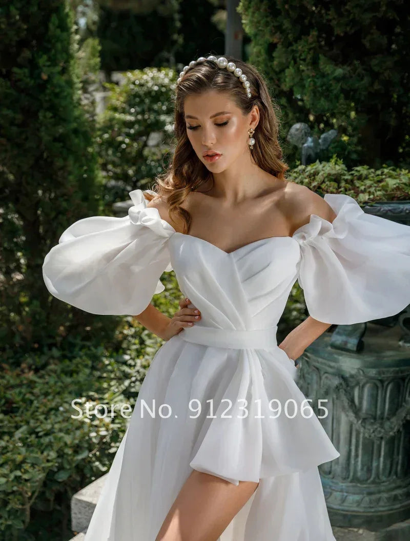 فساتين زفاف جديدة أمامية قصيرة وخلفية طويلة كلاسيكية بأكمام قصيرة فستان العروس مع ذيل فستان الزفاف فستيدو دي نويفا