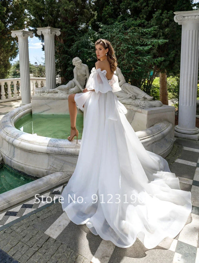 New Front Short Long Back Wedding Dresses Classic Short Sleeve Bride Dress With Train Wedding Gown Vestido De Noiva Main Image