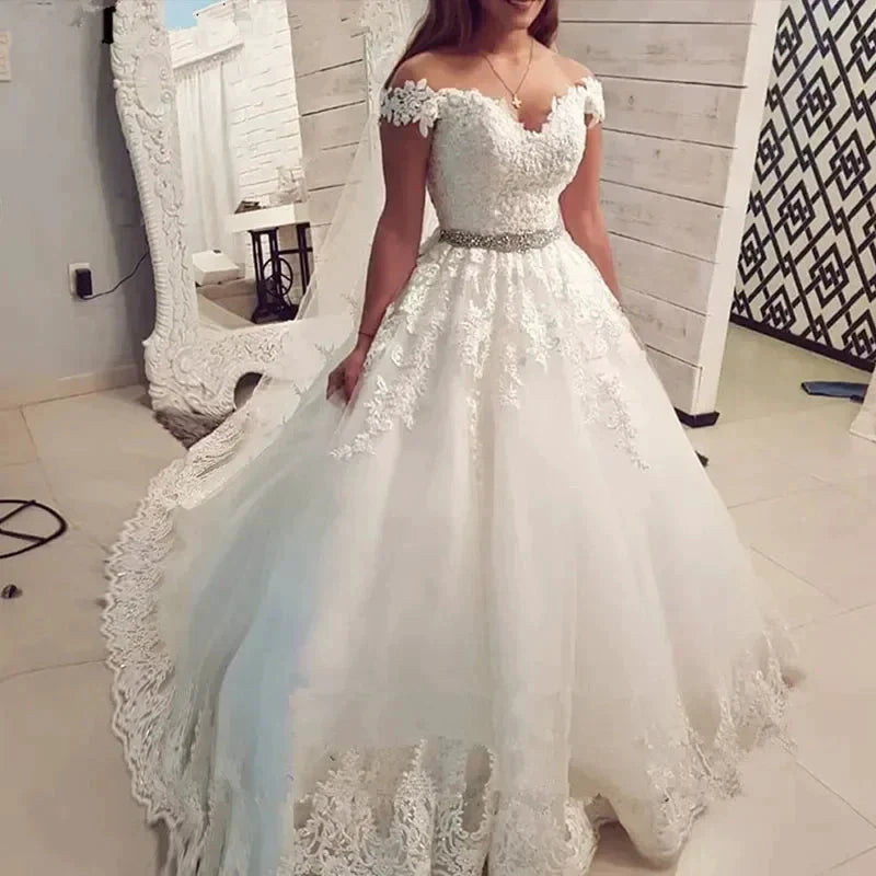 Off Shoulder Embroidery Charming Sweetheart White Wedding Dress Custom Made Size Ball Gown Wedding Dresse by payinti