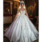 Retro Appliques Satin Beading Wedding Dresses Sweetheart Illusion Sleeves Lace Up Bridal Gown Princess Custom Made Vestido by payinti