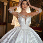 Retro Appliques Satin Beading Wedding Dresses Sweetheart Illusion Sleeves Lace Up Bridal Gown Princess Custom Made Vestido by payinti