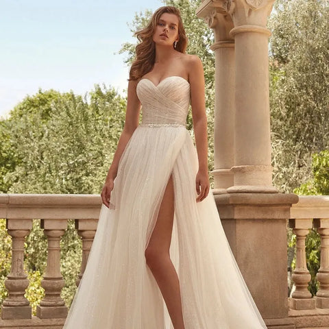 Sexy Sweetheart Wedding Dresses Strapless For Women Modern Backless Chapel Train Tulle Bride Gowns Vestidos De Novia 2022