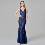 Silver Gray Elegant Fashion Evening Dresses Sexy Simple V Collar Open Back Sleeveless Embroidered Beads Fishtail Dress Gown SYP191 by Sunnderly