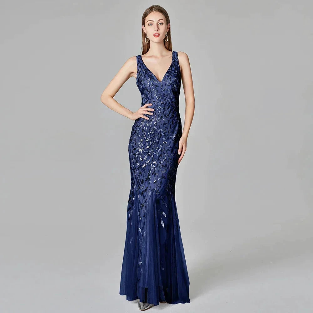 Silver Gray Elegant Fashion Evening Dresses Sexy Simple V Collar Open Back Sleeveless Embroidered Beads Fishtail Dress Gown SYP191 by Sunnderly