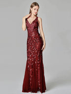 Silver Gray Elegant Fashion Evening Dresses Sexy Simple V Collar Open Back Sleeveless Embroidered Beads Fishtail Dress Gown SYP191 by Sunnderly