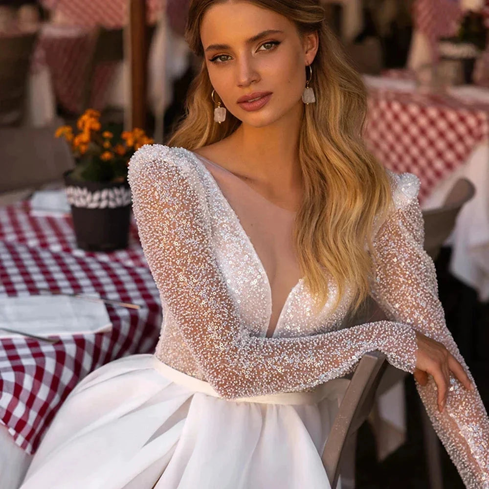 Sparkle Luxury Beach Wedding Dresses For Women Long Sleeves O-Neck Tulle Bridal Gowns A-Line Sweep Train Vestido De Novia by payinti