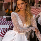 Sparkle Luxury Beach Wedding Dresses For Women Long Sleeves O-Neck Tulle Bridal Gowns A-Line Sweep Train Vestido De Novia by payinti