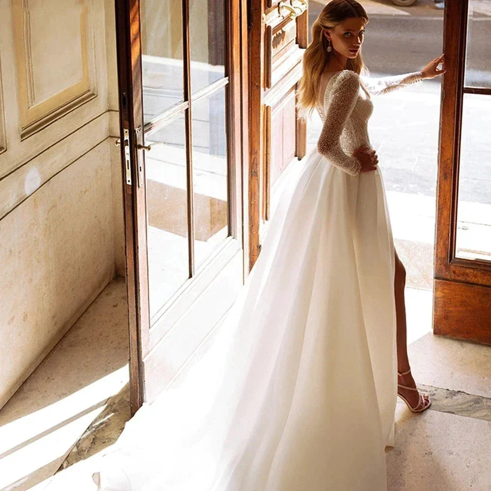 Sparkle Luxury Beach Wedding Dresses For Women Long Sleeves O-Neck Tulle Bridal Gowns A-Line Sweep Train Vestido De Novia by payinti