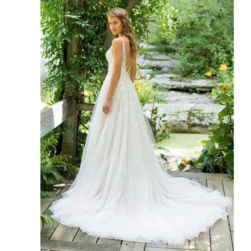 Vestido De Noiva A-Line V Neck Wedding Dress Top Lace Appliques Bridal Dress Custom Made Wedding Gown Sweep Train by payinti