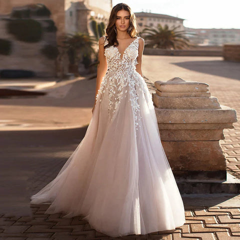 Wedding Dresses Beach Wedding Women Sexy V Large Decal 3D Flower Tulle Sleeveless Bridal Gowns Vestido De Novia Robe Mariée