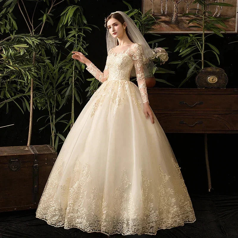 Wedding Dresses Muslim Champagne Full Sleeve Lace Bridal New Luxury Ball Gown Wedding Dress Vestido De Noiva by payinti