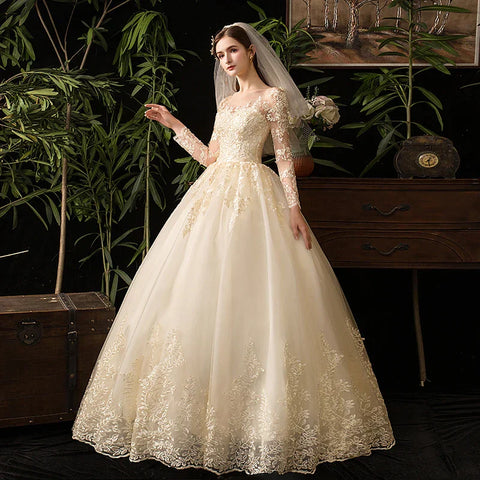 Wedding Dresses Muslim Champagne Full Sleeve Lace Bridal New Luxury Ball Gown Wedding Dress Vestido De Noiva