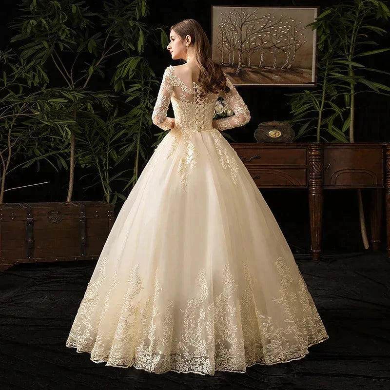 Wedding Dresses Muslim Champagne Full Sleeve Lace Bridal New Luxury Ball Gown Wedding Dress Vestido De Noiva by payinti