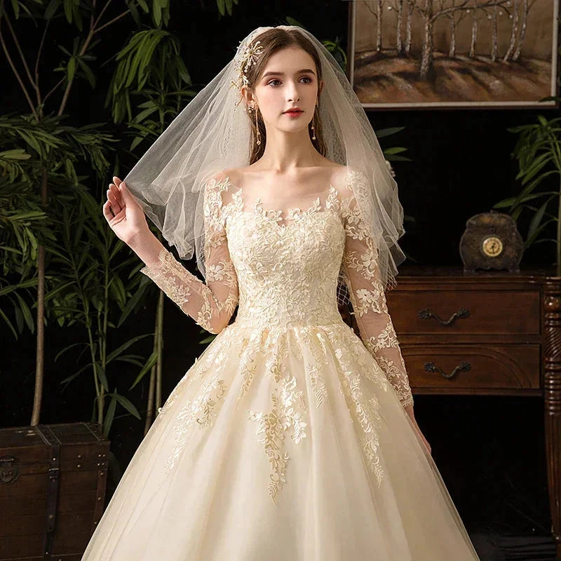Wedding Dresses Muslim Champagne Full Sleeve Lace Bridal New Luxury Ball Gown Wedding Dress Vestido De Noiva by payinti