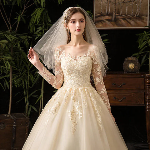Wedding Dresses Muslim Champagne Full Sleeve Lace Bridal New Luxury Ball Gown Wedding Dress Vestido De Noiva