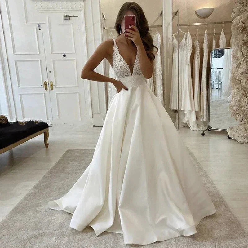White Satin A Line Bridal Gowns Sexy Deep V Neck Wedding Dress Boho Vestido De Noiva Simple Appliques Back Less With Pocket by payinti