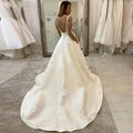 White Satin A Line Bridal Gowns Sexy Deep V Neck Wedding Dress Boho Vestido De Noiva Simple Appliques Back Less With Pocket by payinti