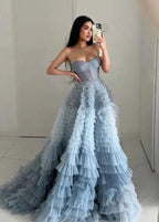 Kaia |A Line Sweetheart Tiered Ruffled Tulle Long Prom Dress by KissProm