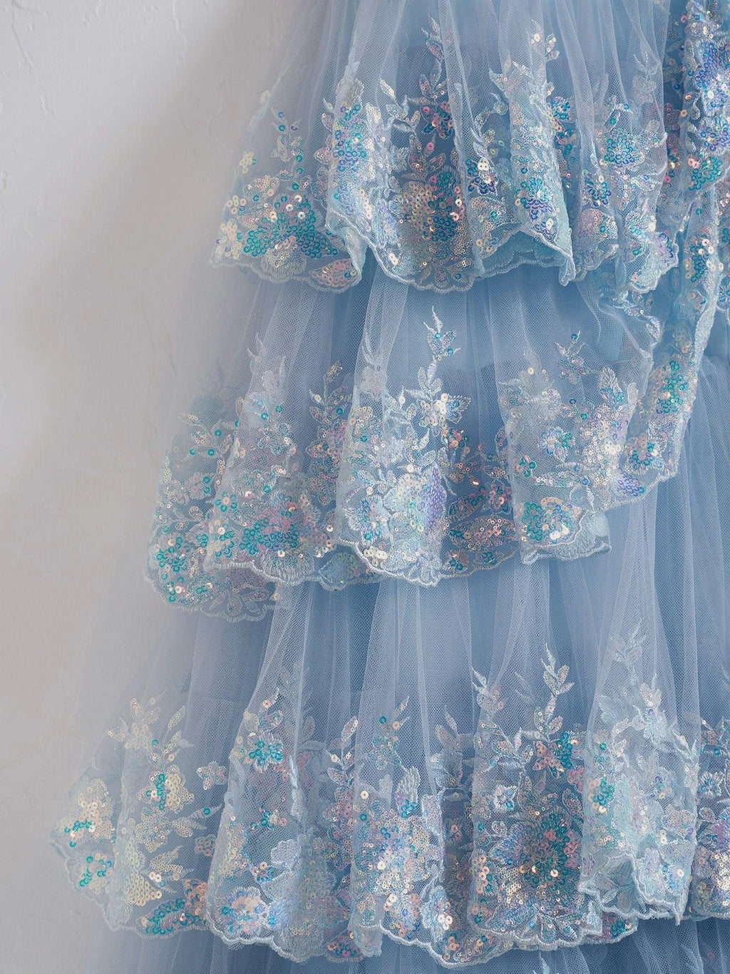 Capri | Blue Crystal Sequins Princess A Line Off the Shoulder Prom Dress with Lace Ruffles by KissProm