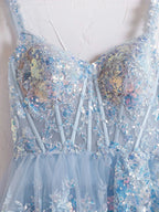 Capri | Blue Crystal Sequins Princess A Line Off the Shoulder Prom Dress with Lace Ruffles by KissProm