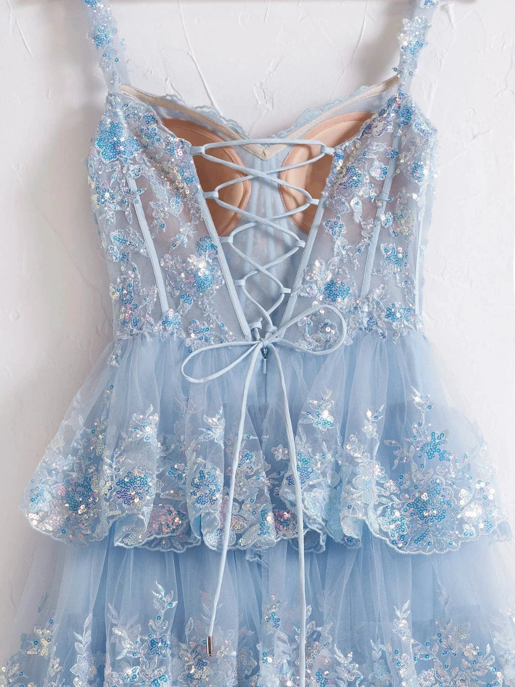 Capri | Blue Crystal Sequins Princess A Line Off the Shoulder Prom Dress with Lace Ruffles by KissProm