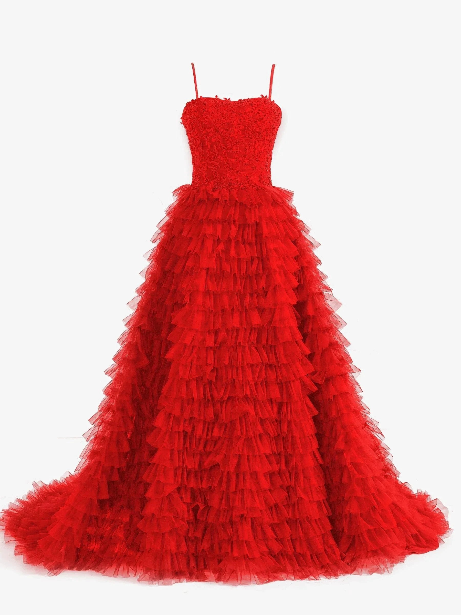 Jordan | Red A-Line Tiered Sequins Tulle Long Prom Dress by KissProm