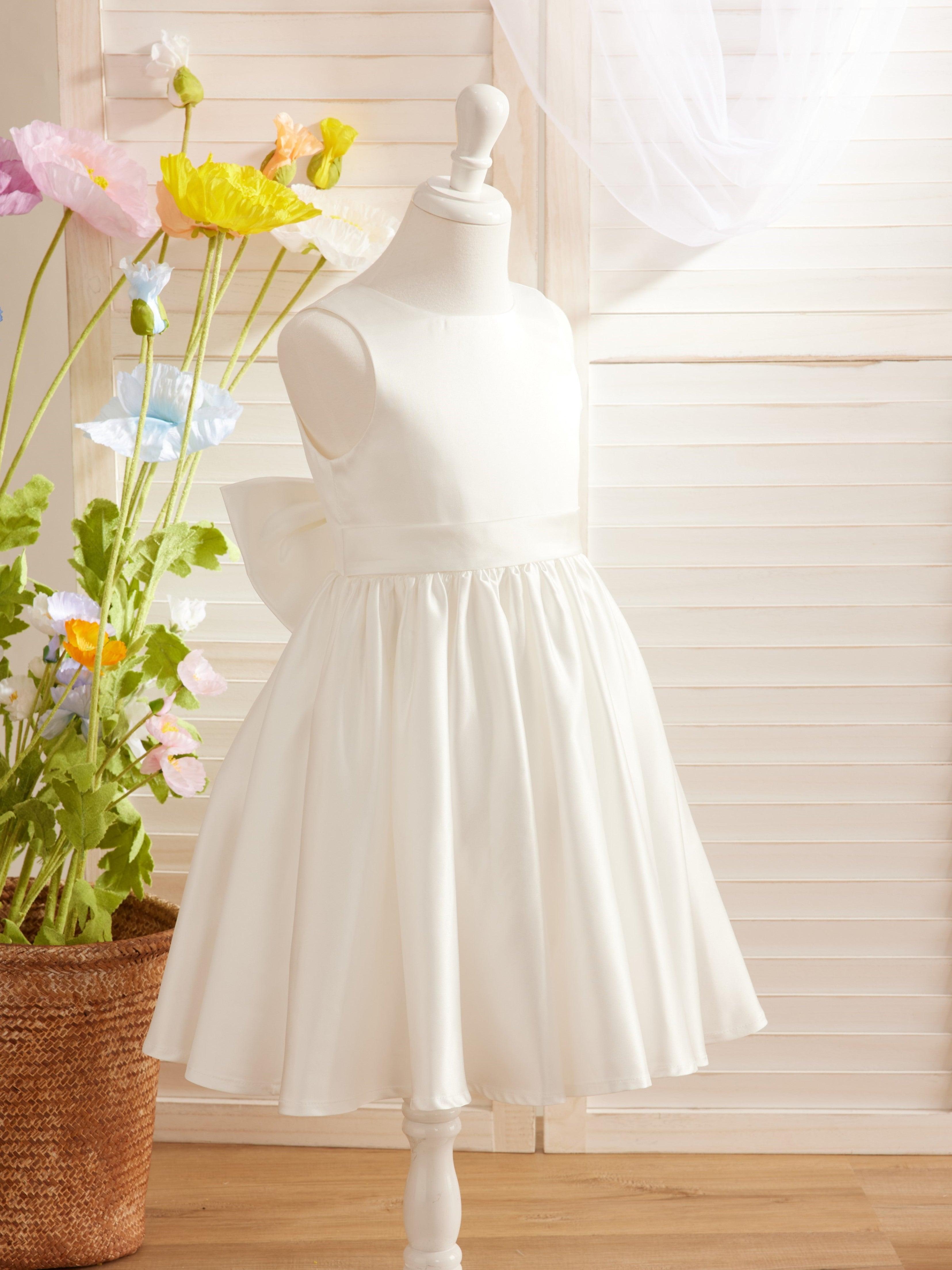 Elegant A-line Satin V-Back Bow Knee-length Flower Girl Dress - photo 3
