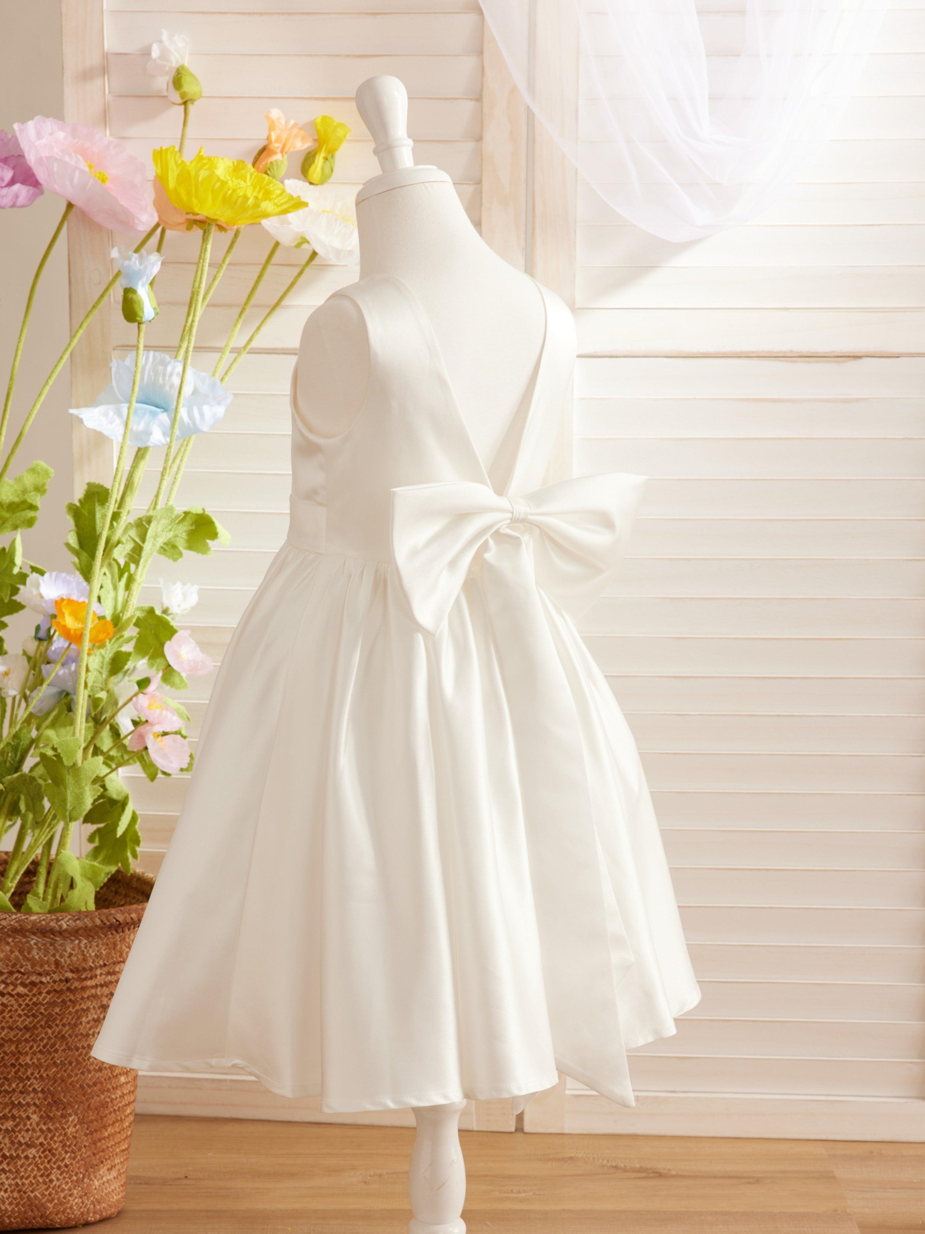 Elegant A-line Satin V-Back Bow Knee-length Flower Girl Dress - photo 4