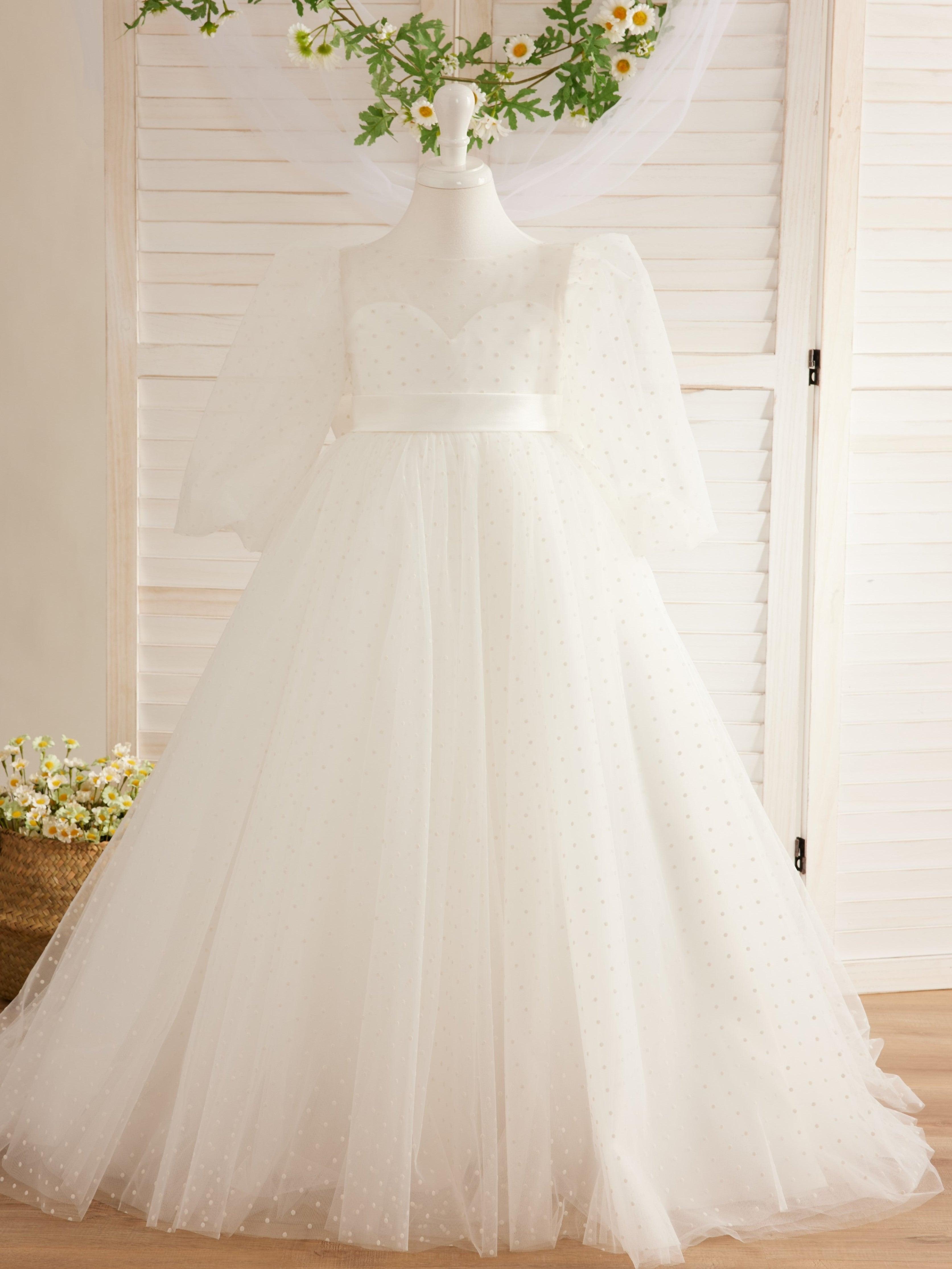 Elegant Polka Dot Tulle Puff Sleeve Sweep Train First Communion Flower Girl D… - photo 1