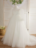 Elegant Polka Dot Tulle Puff Sleeve Sweep Train First Communion Flower Girl D… - photo 2