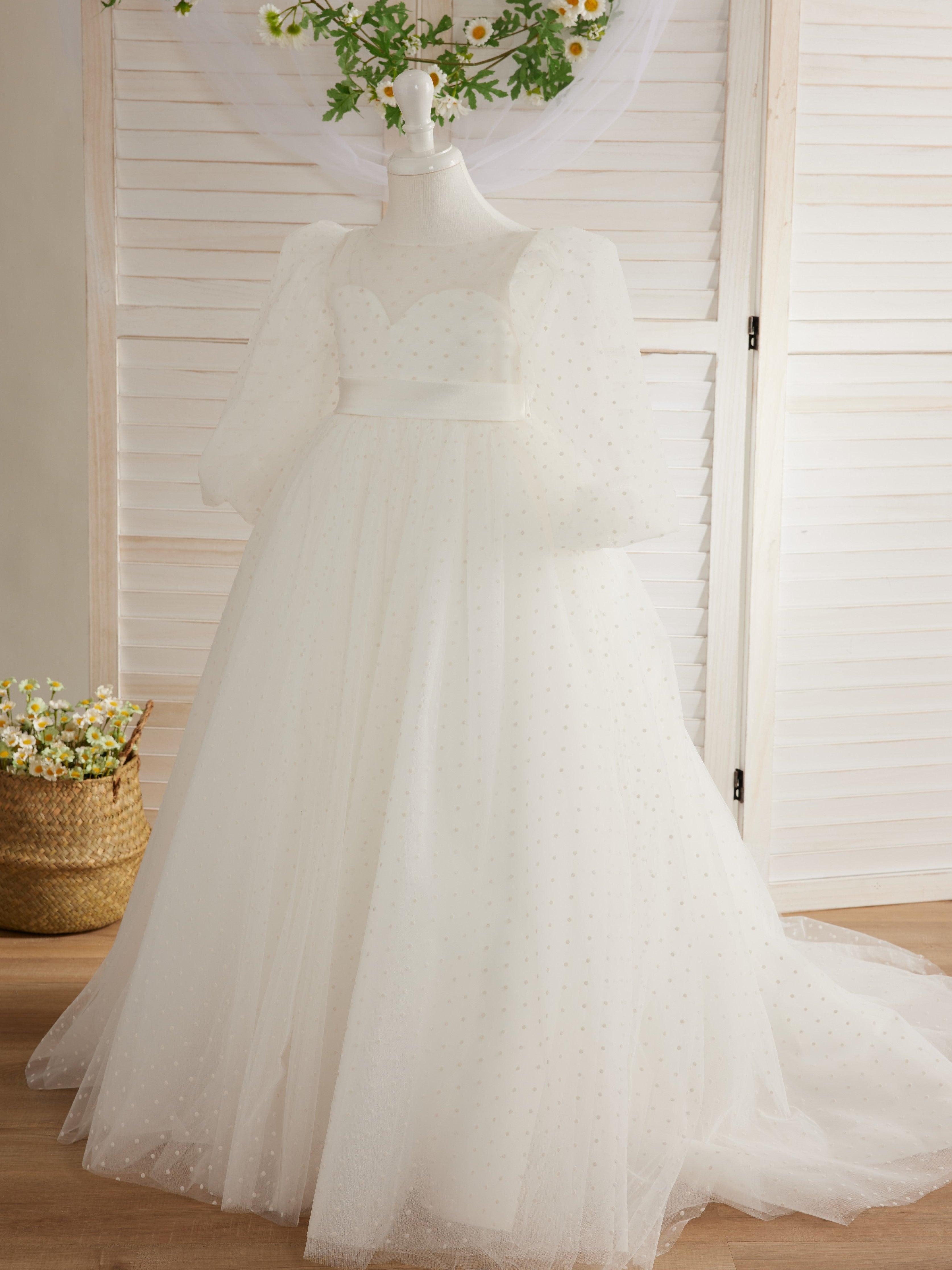 Elegant Polka Dot Tulle Puff Sleeve Sweep Train First Communion Flower Girl D… - photo 2