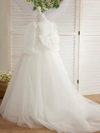 Elegant Polka Dot Tulle Puff Sleeve Sweep Train First Communion Flower Girl D… - photo 3