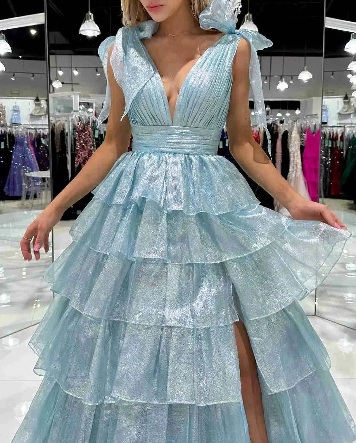 August | Glitter Tie Straps Pink Plunging Neck Tiered Long Prom Dress by KissProm