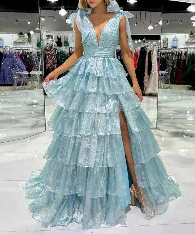 August | Glitter Tie Straps Pink Plunging Neck Tiered Long Prom Dress by KissProm
