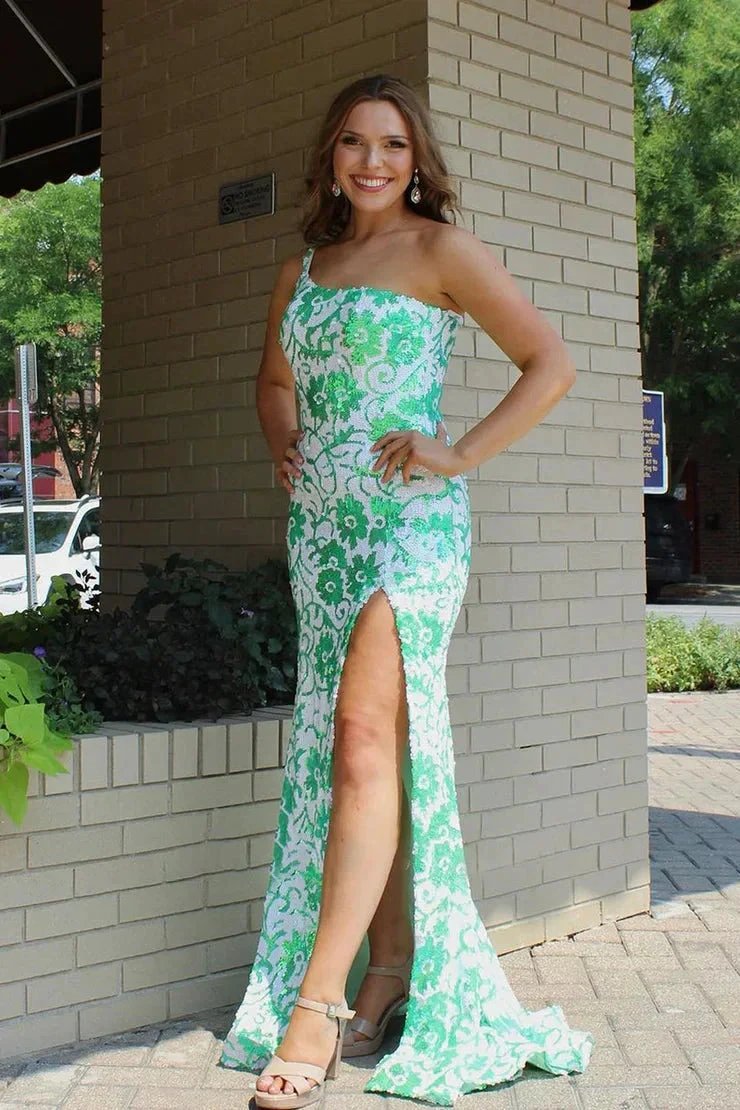 Mermaid One Shoulder Sequin Appliques Long Prom Dresses with Slit by KissProm