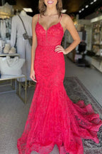 Kanika | Hot Pink V Neck Mermaid Lace Prom Dresses by KissProm